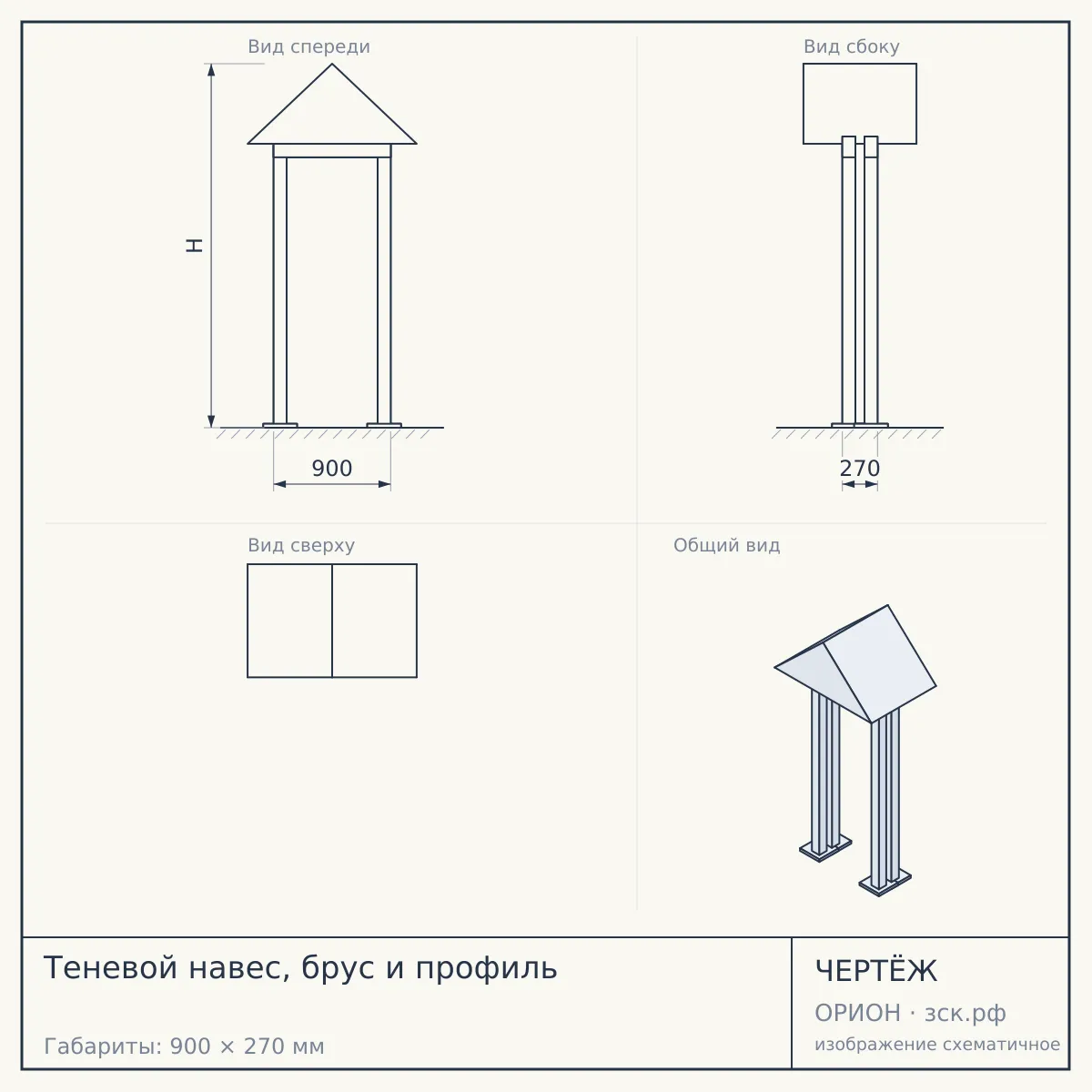 Теневой навес, брус и профиль — чертёж